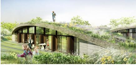 Maison bioclimatique protégée par un toit végétal